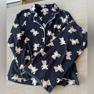 Kikit Long Sleeve Pajama Set, Black with Bear Print, Women's Small